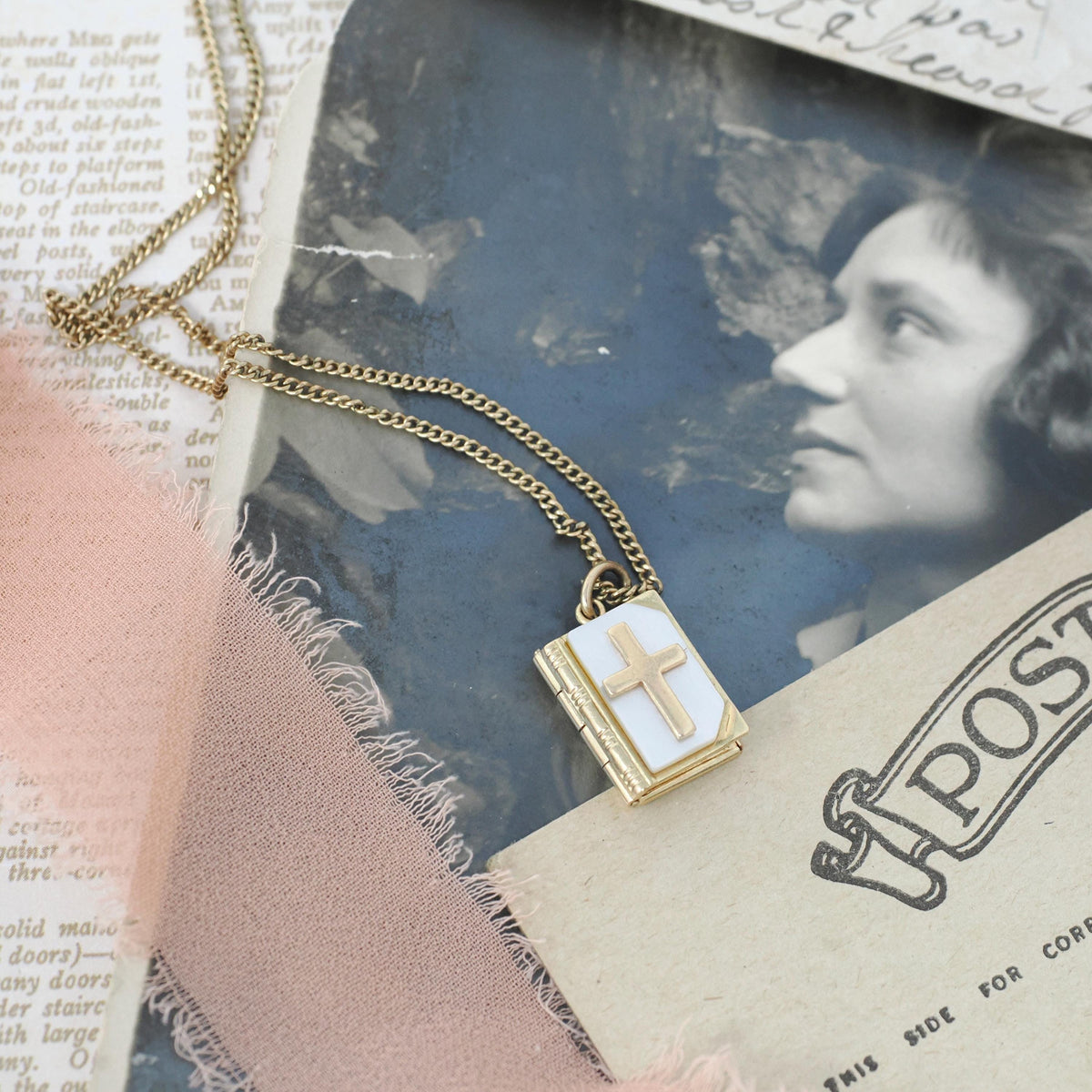 Vintage Bible Locket - Mid Century 14k Gold Filled Mother Of Pearl Cross Necklace Pendant Book - 1950s Era The Lord's Prayer JMF Co Jewelry