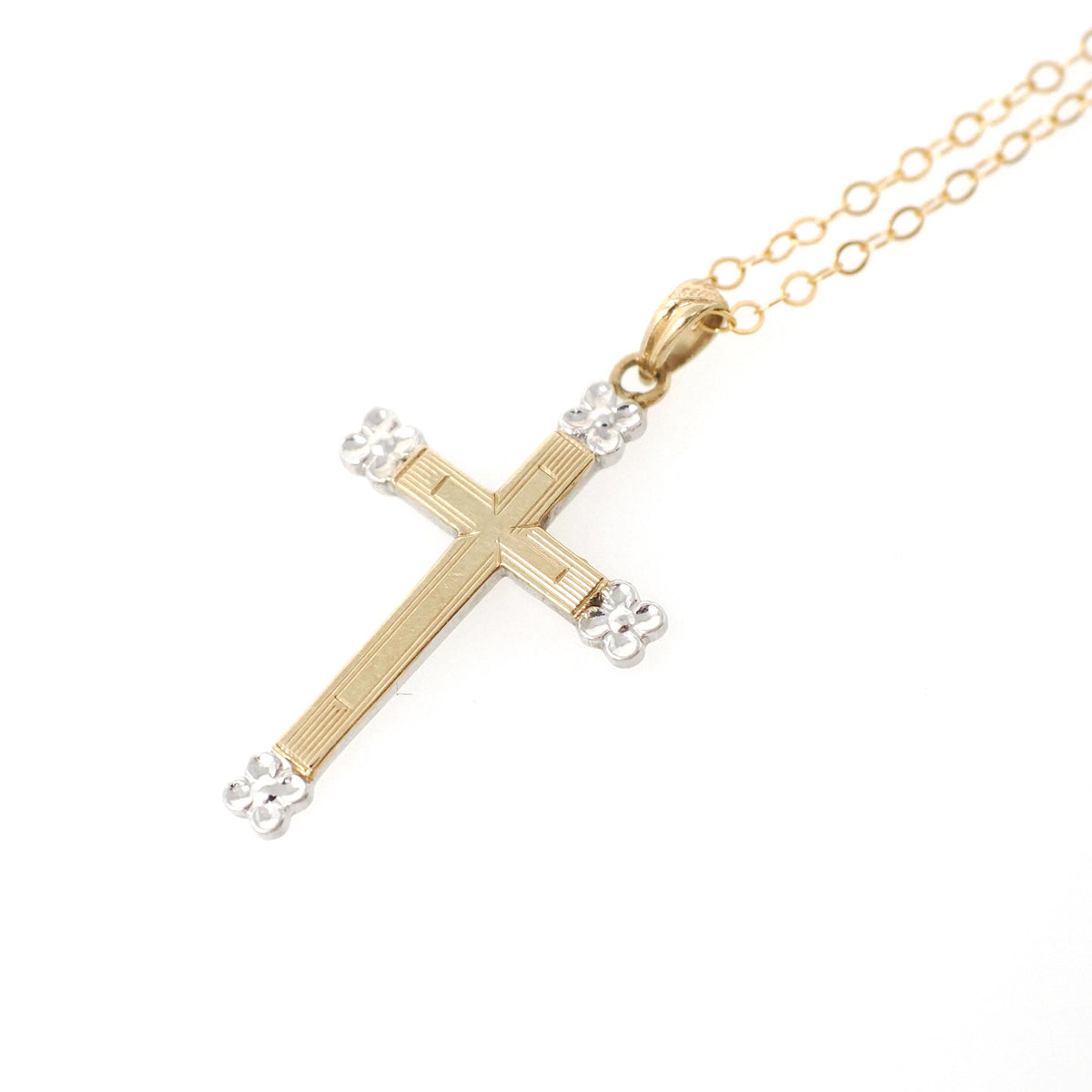 Vintage Cross Necklace - Retro 10k Yellow & White Gold Engraved Design Pendant - Circa 1940s Era Religious Faith Fine Signed Esemco Jewelry