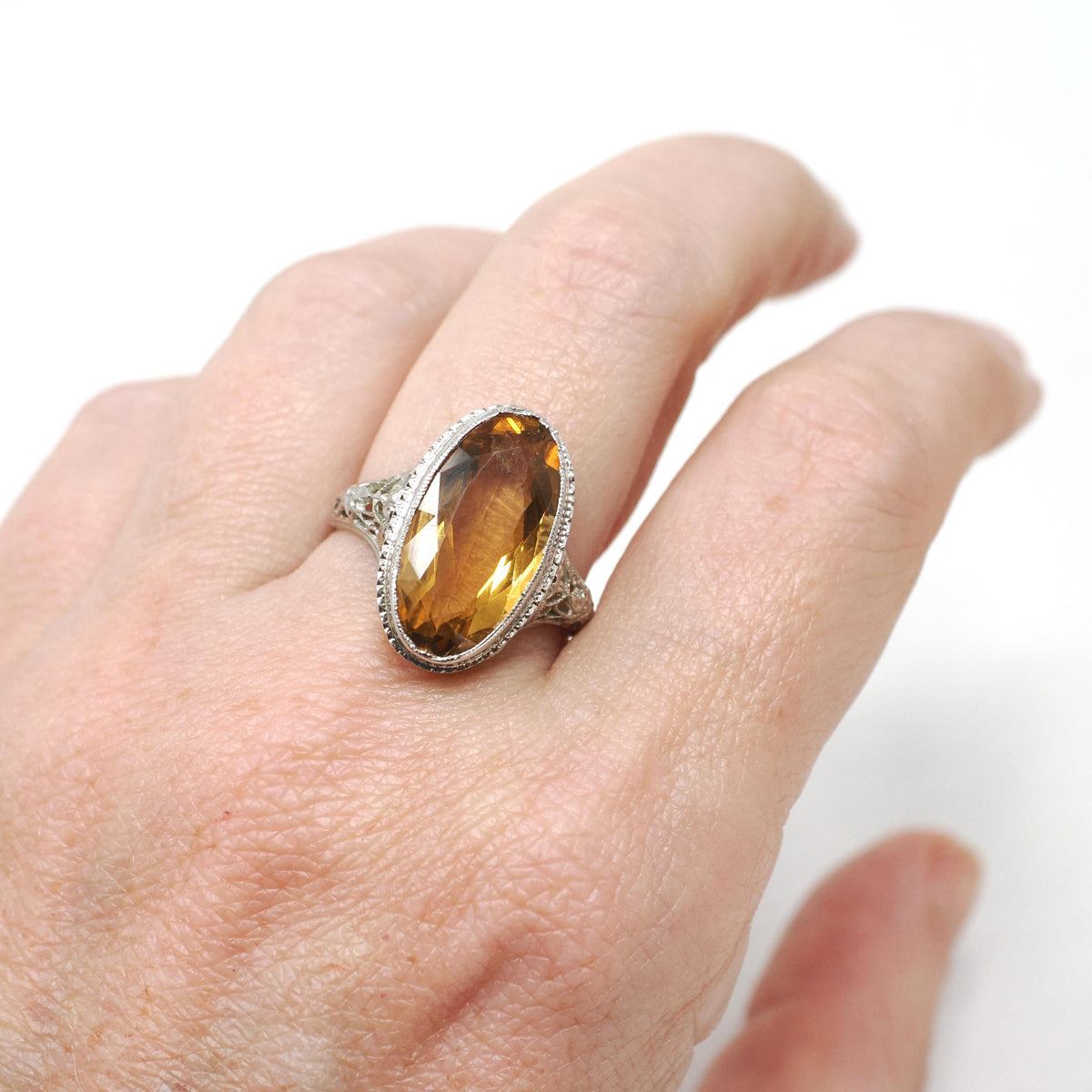 Vintage Citrine Ring - Art Deco 18k White Gold Flower Filigree Oval Faceted Orange Gemstone - Vintage Circa 1930s Era Size 7.5 Fine Jewelry