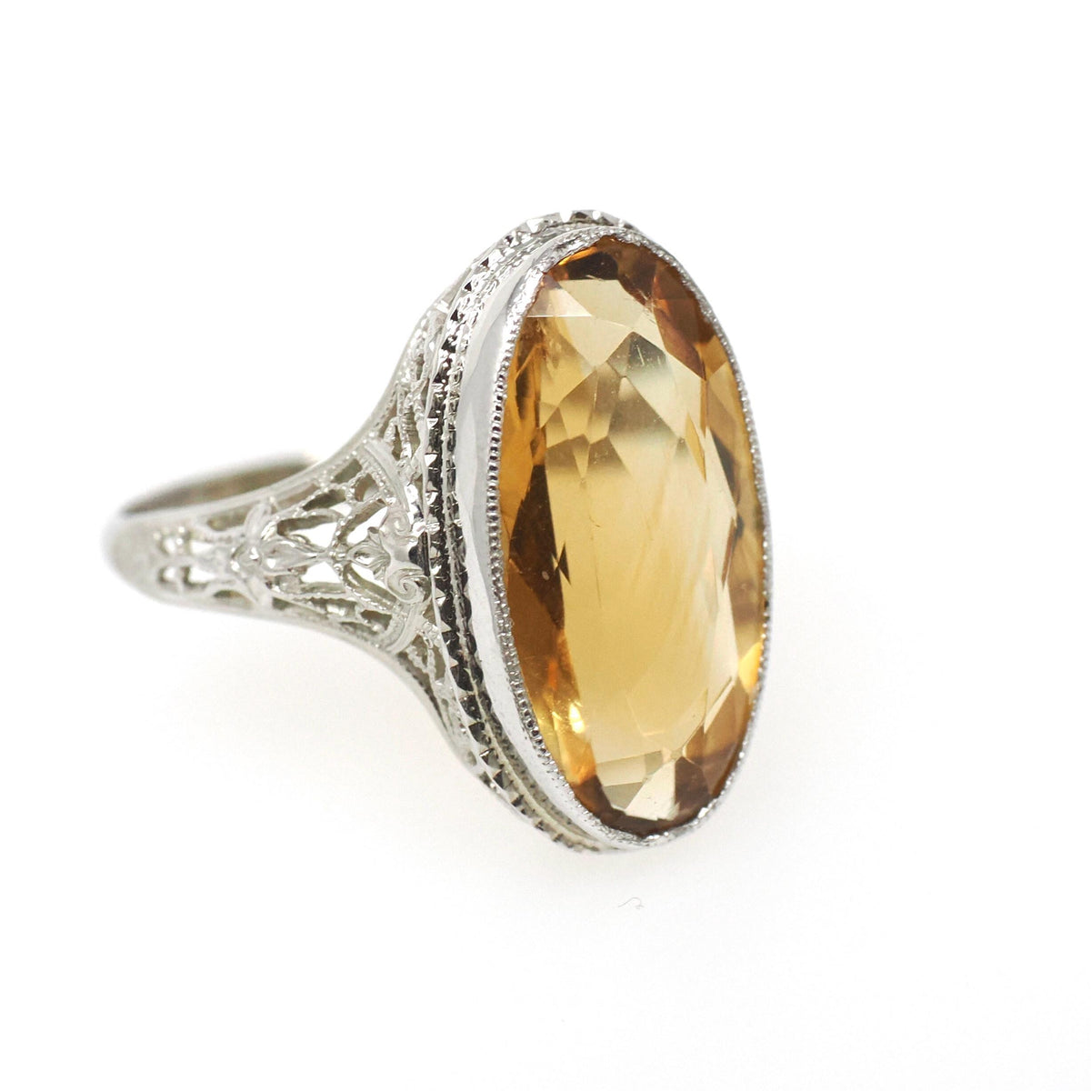 Vintage Citrine Ring - Art Deco 18k White Gold Flower Filigree Oval Faceted Orange Gemstone - Vintage Circa 1930s Era Size 7.5 Fine Jewelry