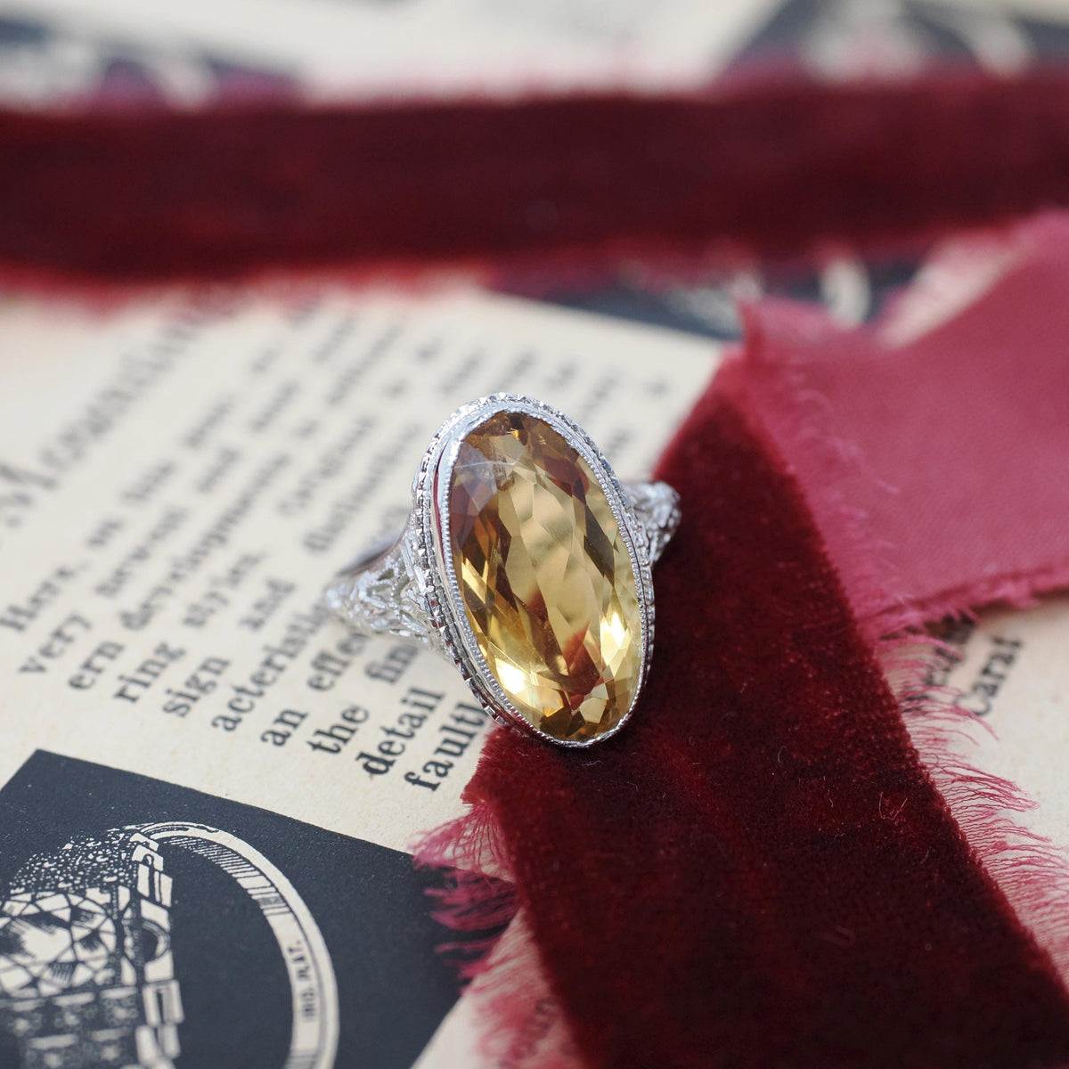 Vintage Citrine Ring - Art Deco 18k White Gold Flower Filigree Oval Faceted Orange Gemstone - Vintage Circa 1930s Era Size 7.5 Fine Jewelry