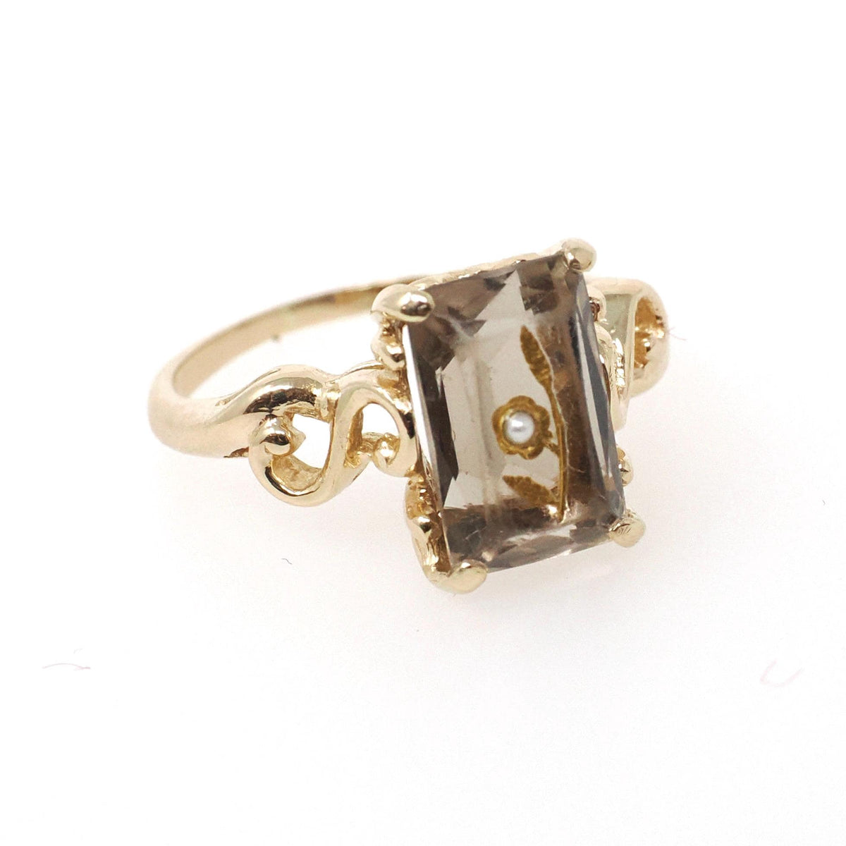 Rose of Sharon Ring - Vintage 14k Yellow Gold French Cut Quartz Seed Pearl Solitaire - Mid Century 1950s Size 6 Brownish Purple Fine Jewelry
