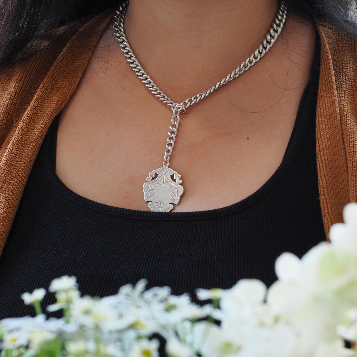 Pocket Watch Chain & Fob - Late Victorian Edwardian Sterling Silver English Hallmark Curb Link Necklace - Antique Circa 1900s Fine Jewelry