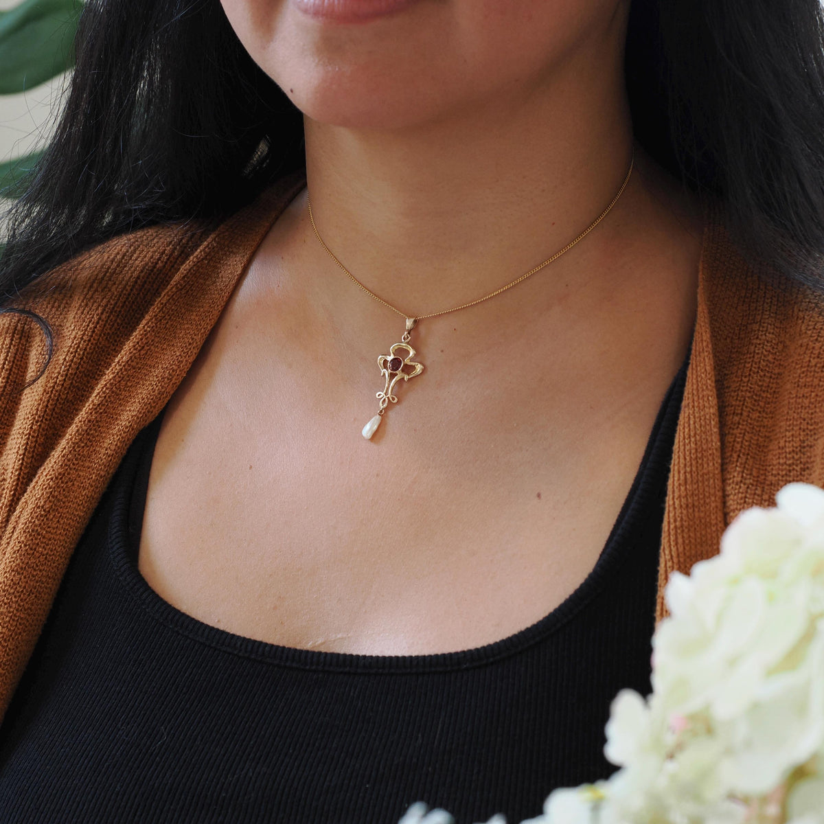 Antique Lavalier Necklace - Edwardian 10k Yellow Gold Natural Red Garnet Baroque Pearl Charm Pendant - Vintage Circa 1910s Era Fine Jewelry