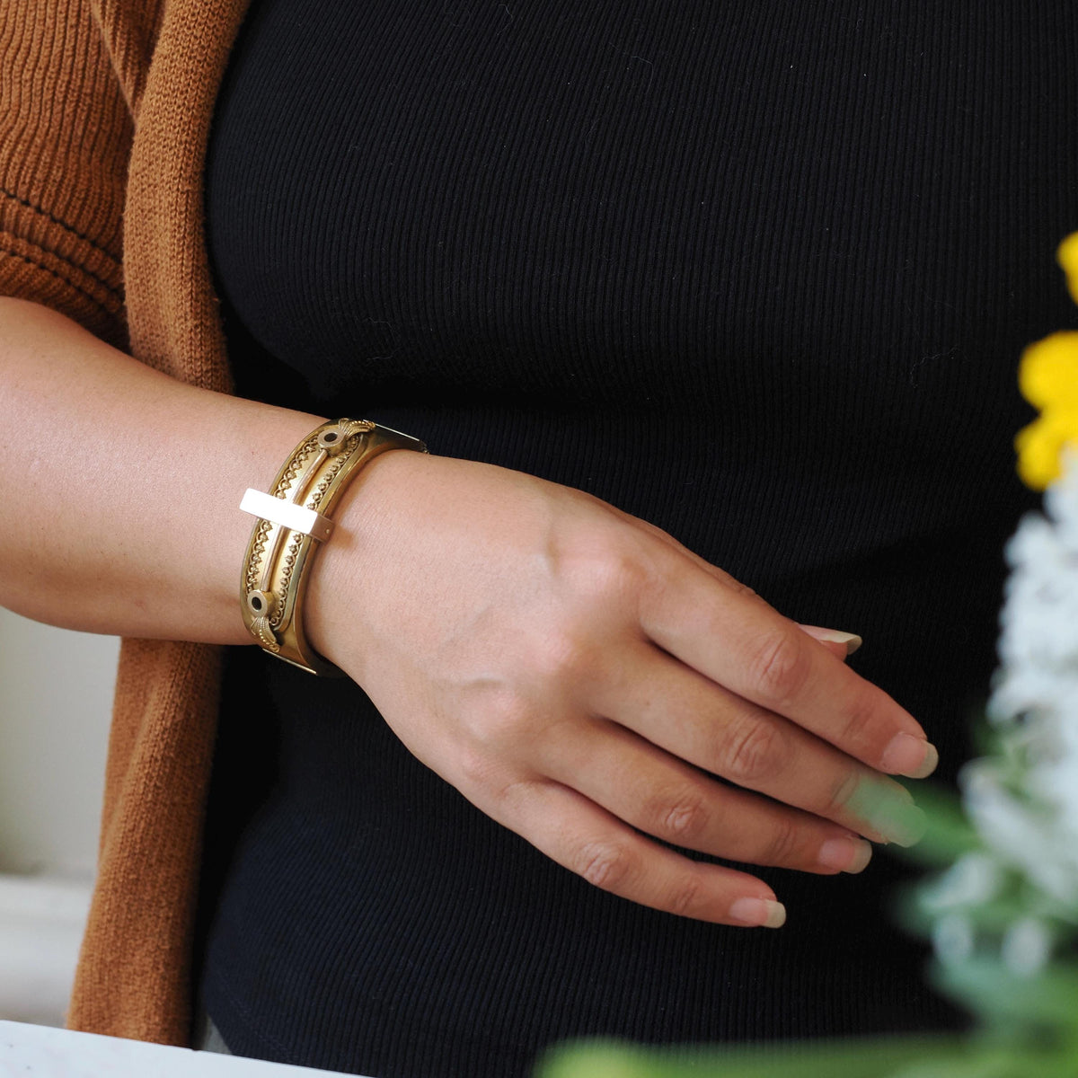 Etruscan Revival Bracelet - Victorian Gold Filled Industrial Style Hinged Bangle Design - Circa 1880s Era Filigree Patina Fashion Jewelry