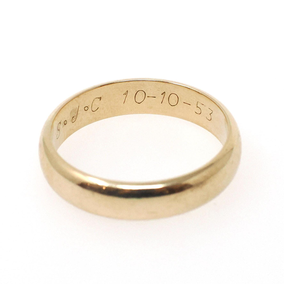 Vintage Wedding Band - Mid Century Era 14k Yellow Gold 5 MM Half Round Ring - Dated 10-10-53 Size 9 1/2 Stacking Fine Bridal Jewelry
