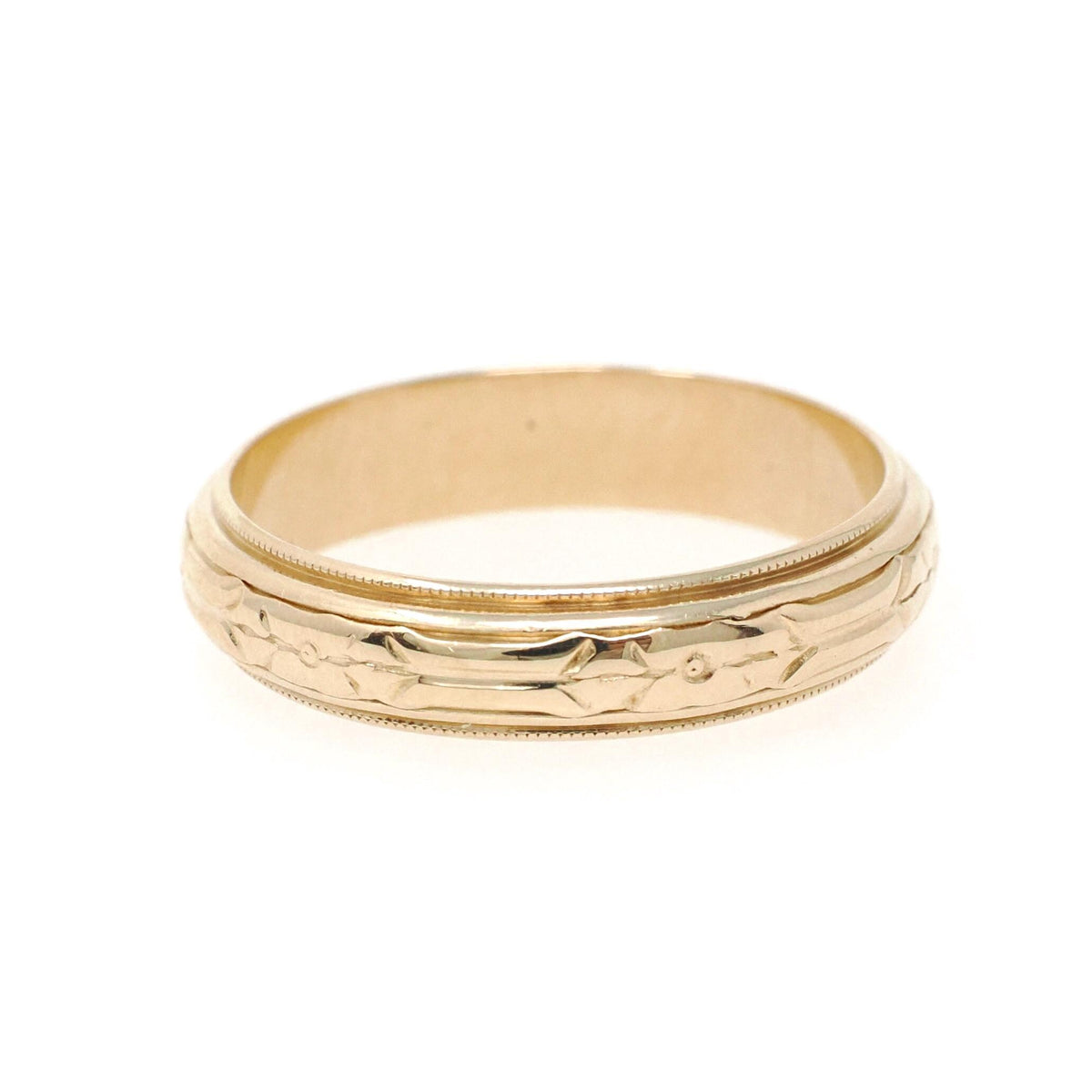 Eternity Flower Band - Mid Century 14k Yellow Gold 4.7 MM Half Round Stacking Ring - Circa 1950s Size 8 1/2 Milgrain Bridal Fine Jewelry