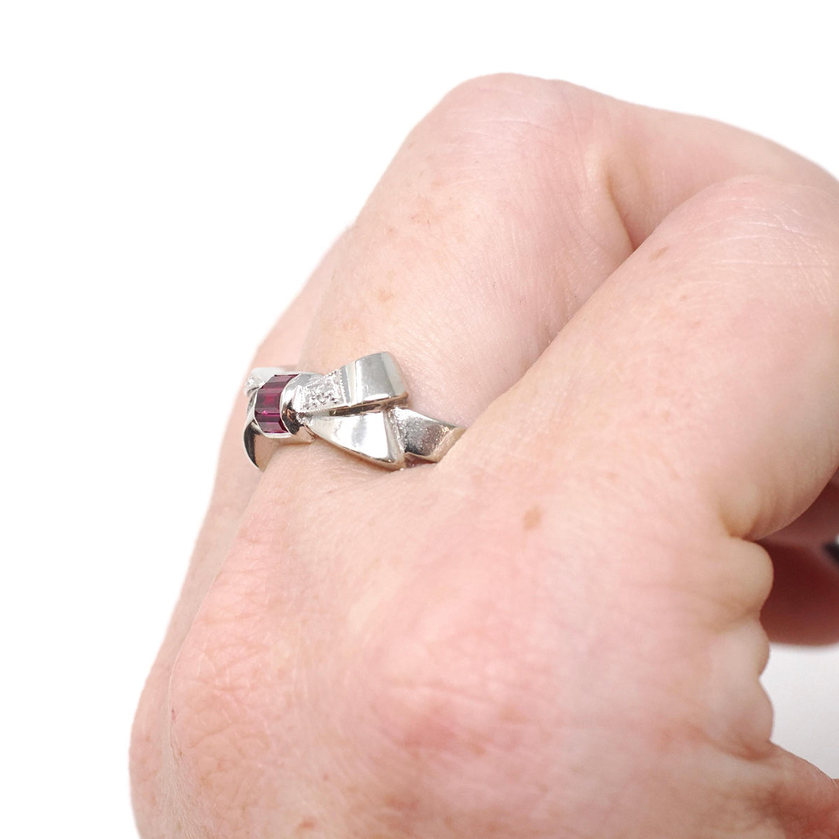 Vintage Bow Ring - Mid Century 14k White Gold Created Ruby Baguette .03 CTW Diamond Statement - Circa 1950s Size 8.5 Fine Sweetheart Jewelry
