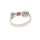 Vintage Bow Ring - Mid Century 14k White Gold Created Ruby Baguette .03 CTW Diamond Statement - Circa 1950s Size 8.5 Fine Sweetheart Jewelry