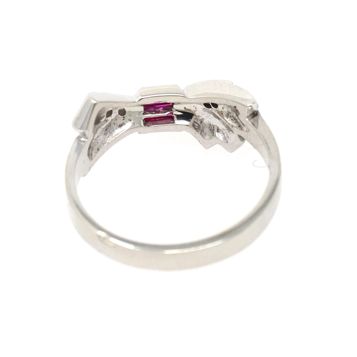 Vintage Bow Ring - Mid Century 14k White Gold Created Ruby Baguette .03 CTW Diamond Statement - Circa 1950s Size 8.5 Fine Sweetheart Jewelry