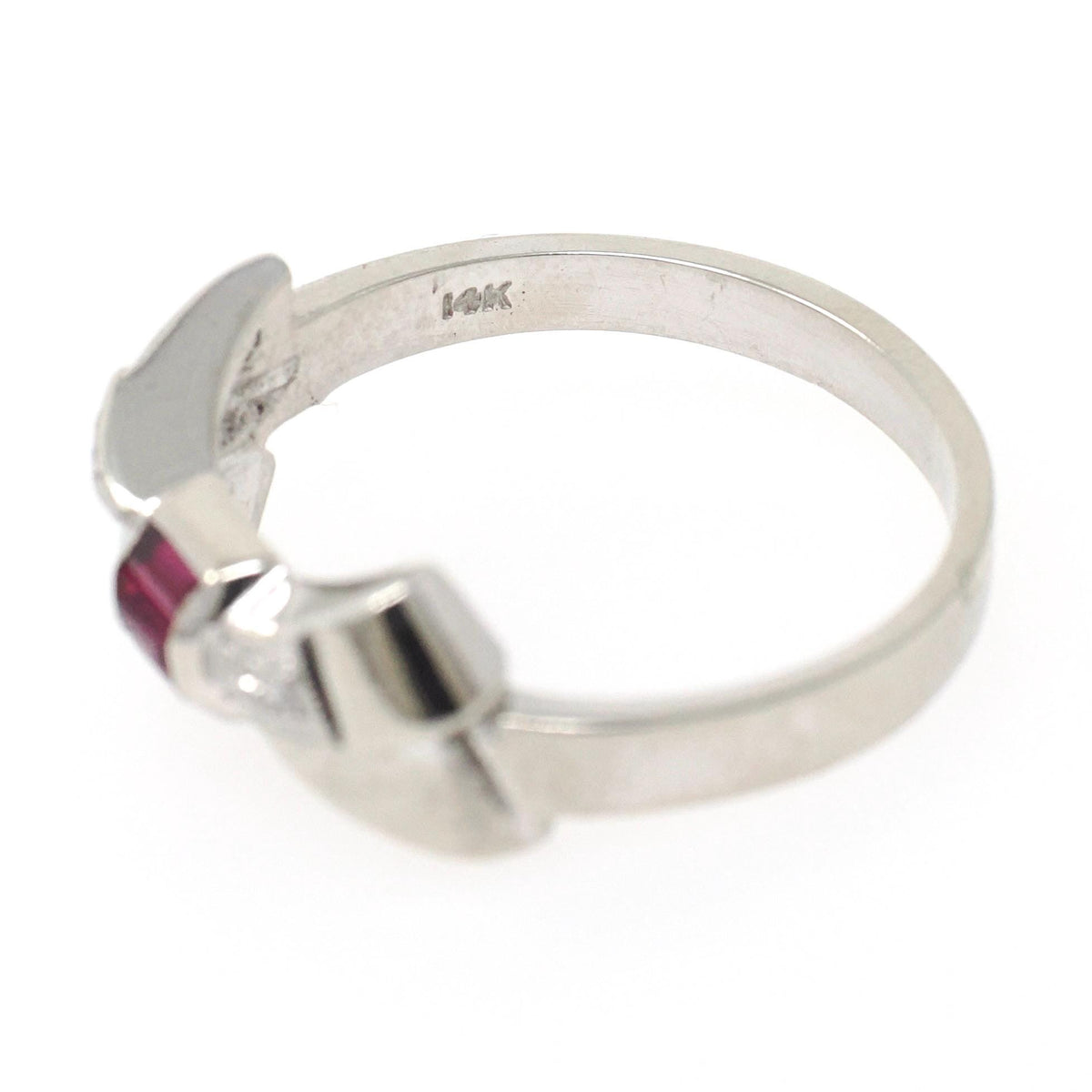 Vintage Bow Ring - Mid Century 14k White Gold Created Ruby Baguette .03 CTW Diamond Statement - Circa 1950s Size 8.5 Fine Sweetheart Jewelry