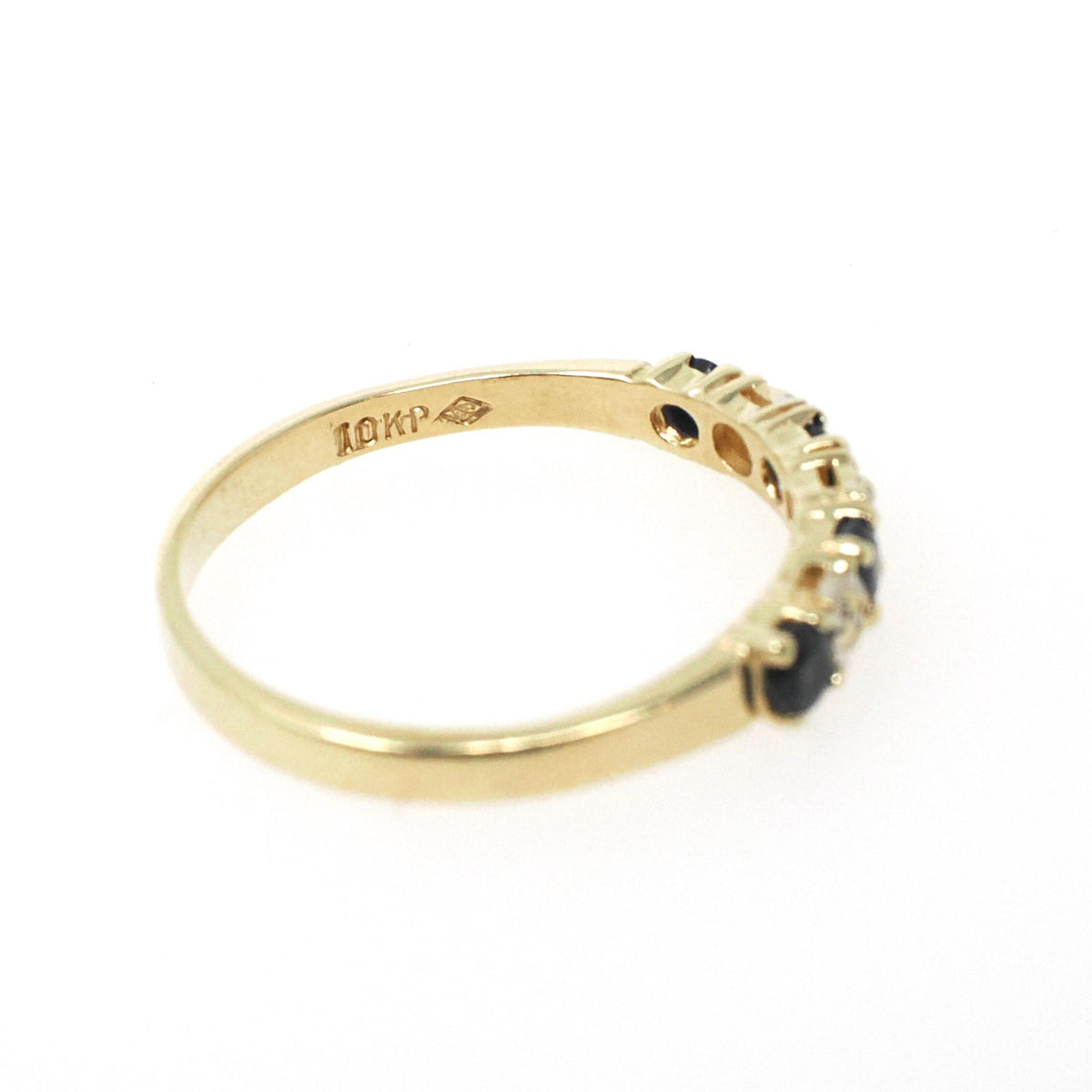 Sapphire & Diamond Band - Contemporary 10k Yellow Gold Natural Seven Gemstone Ring - Estate Circa 2000s Era Size 8 Fine Stacking Jewelry