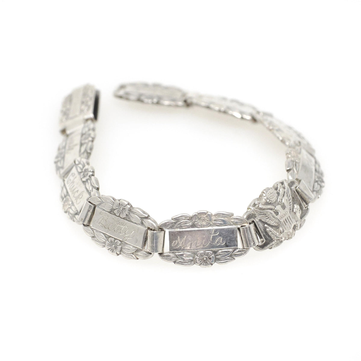 Forget Me Not Bracelet - Retro Sterling Silver Engraved Floral Panels 6.75 Inches - Vintage Circa 1940s Engraved Names Flower Family Jewelry