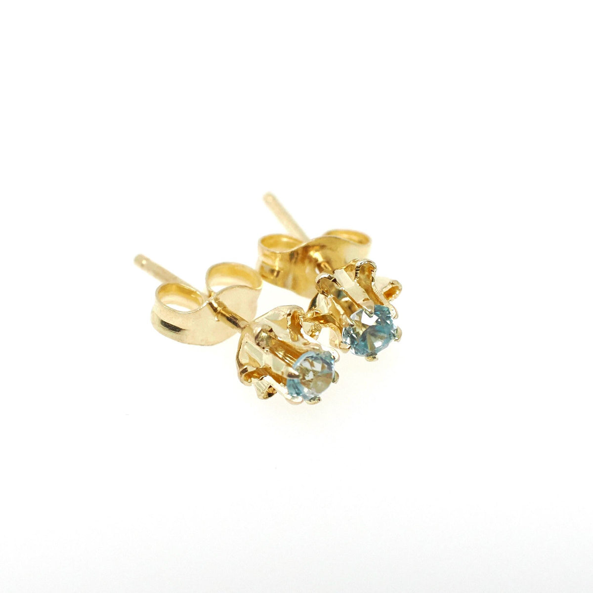 Natural Zircon Earrings - Contemporary 14k Yellow Gold Studs .20 CTW Pierced Posts - Estate Circa 2000s Era Blue Gemstones Fine Jewelry