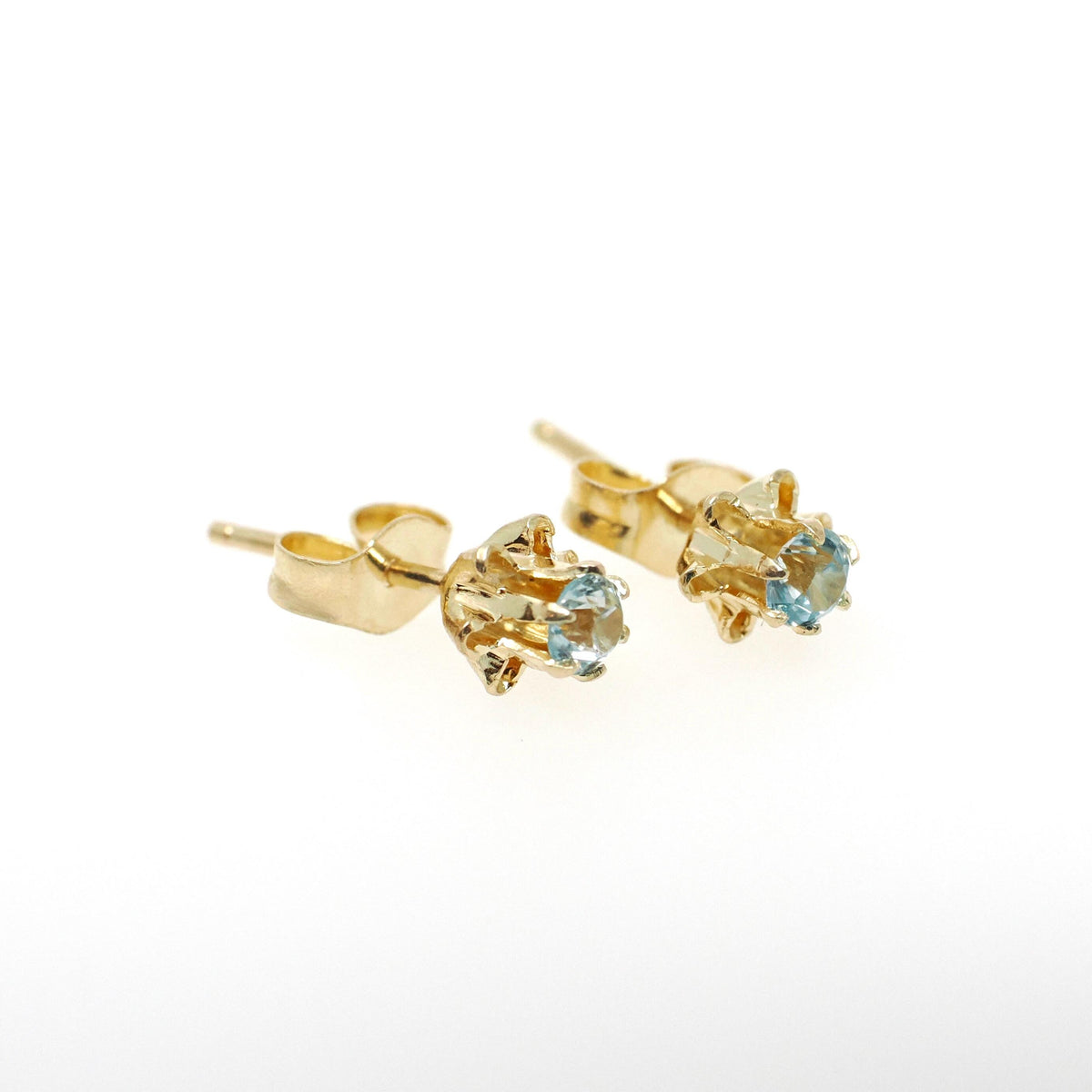 Natural Zircon Earrings - Contemporary 14k Yellow Gold Studs .20 CTW Pierced Posts - Estate Circa 2000s Era Blue Gemstones Fine Jewelry