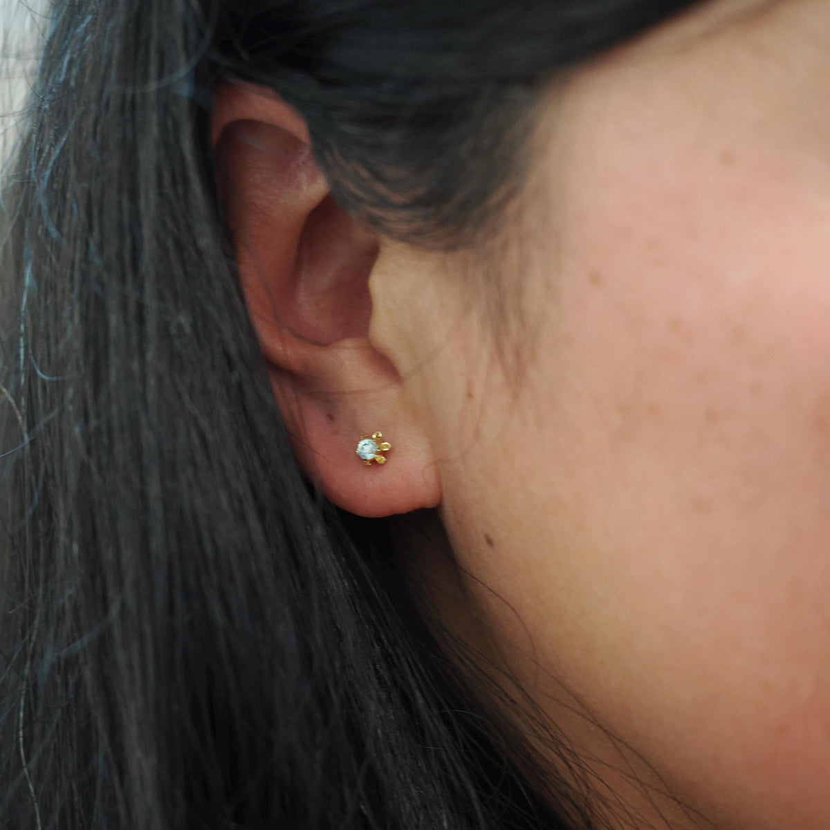 Natural Zircon Earrings - Contemporary 14k Yellow Gold Studs .20 CTW Pierced Posts - Estate Circa 2000s Era Blue Gemstones Fine Jewelry