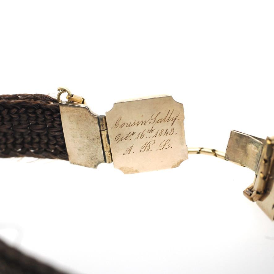 Victorian Hair Bracelet - Antique 10k Gold Woven Engraved "Cousin Sally" Mourning Jewelry - Dated 1843 Floral Motif Fine Accessory