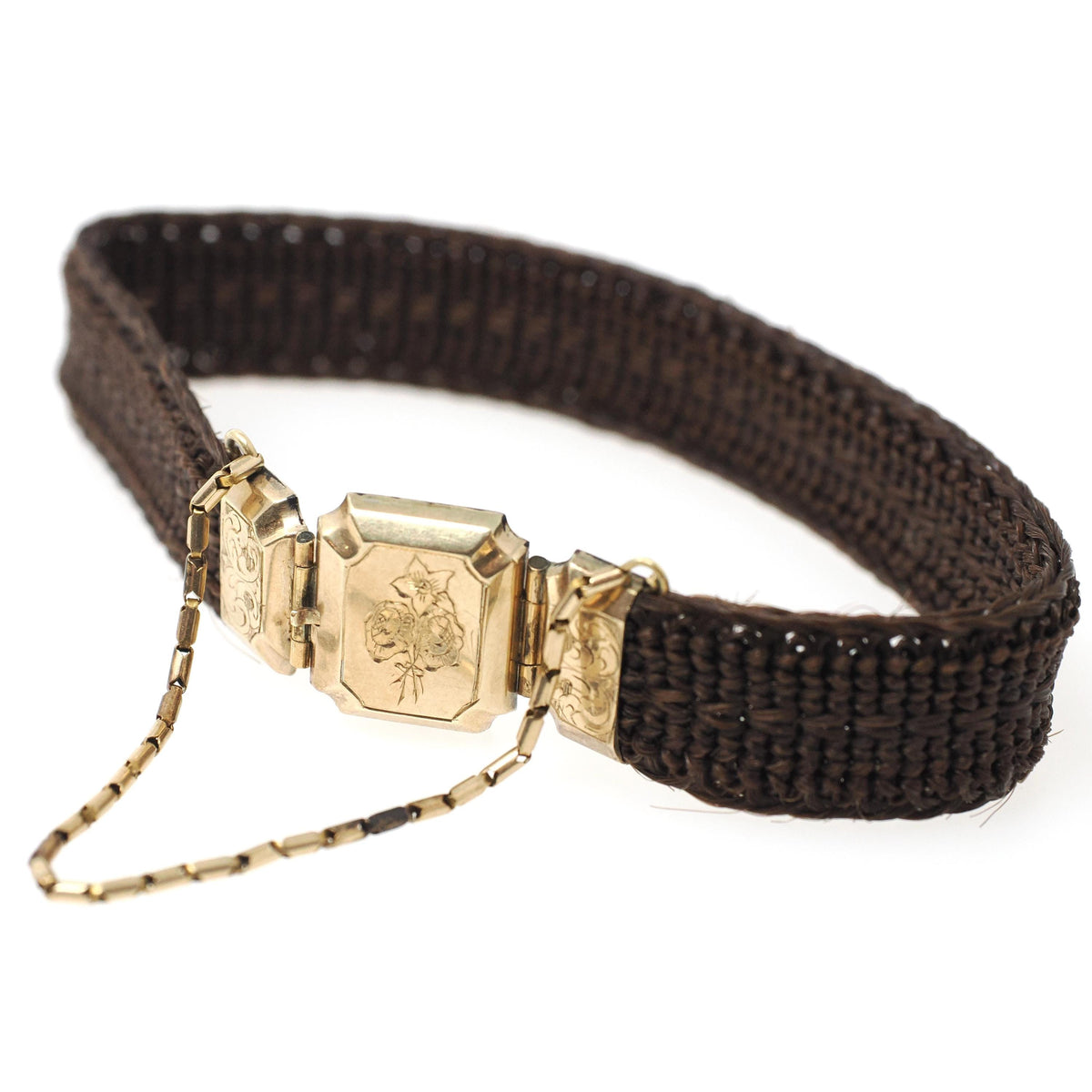 Victorian Hair Bracelet - Antique 10k Gold Woven Engraved "Cousin Sally" Mourning Jewelry - Dated 1843 Floral Motif Fine Accessory
