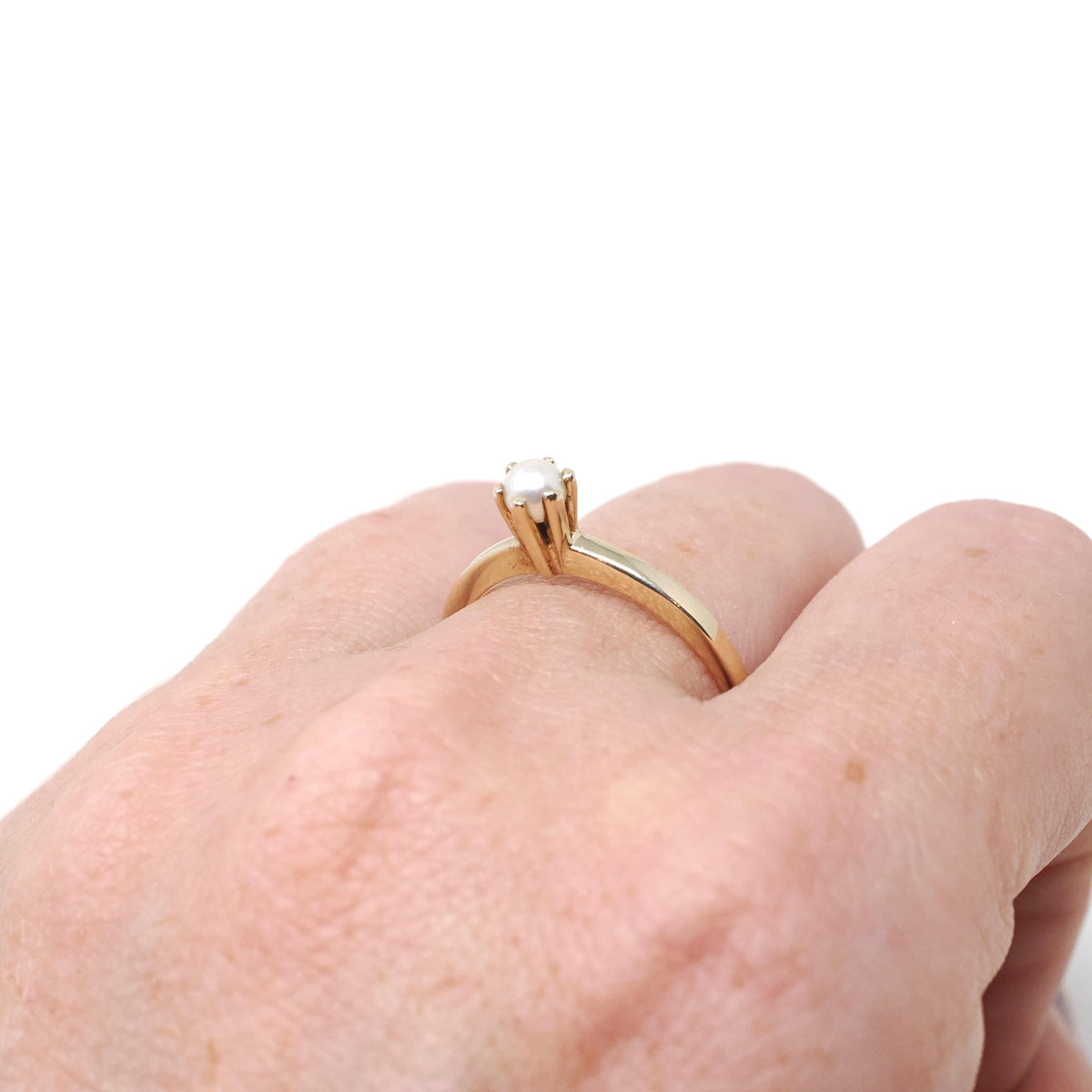 Cultured Pearl Ring - Modernist 10k Yellow Gold 3.4 mm Organic Solitaire Gemstone - Vintage Circa 1960s Era Size 7 Dainty Fine Jewelry