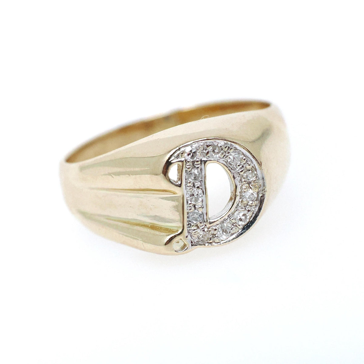 Letter "D" Ring - Estate 14k Yellow Gold Initial Monogram Signet - Contemporary Era Size 5 1/4 Diamond Encrusted Fine Statement Jewelry