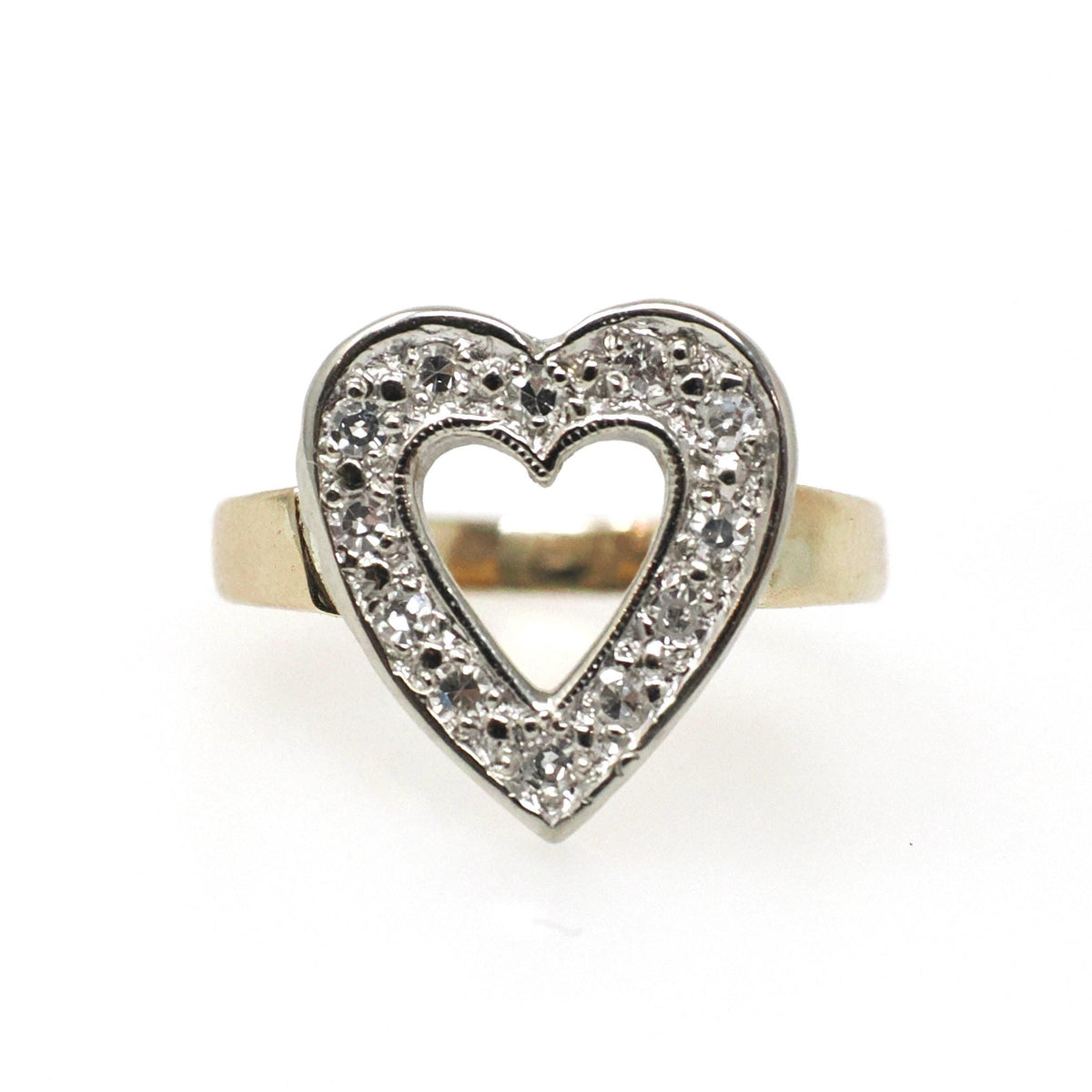 Diamond Heart Ring - Mid Century 14k Yellow & White Gold Sweetheart Promise Love - Vintage Circa 1950s Era Size 4 3/4 Statement Fine Jewelry