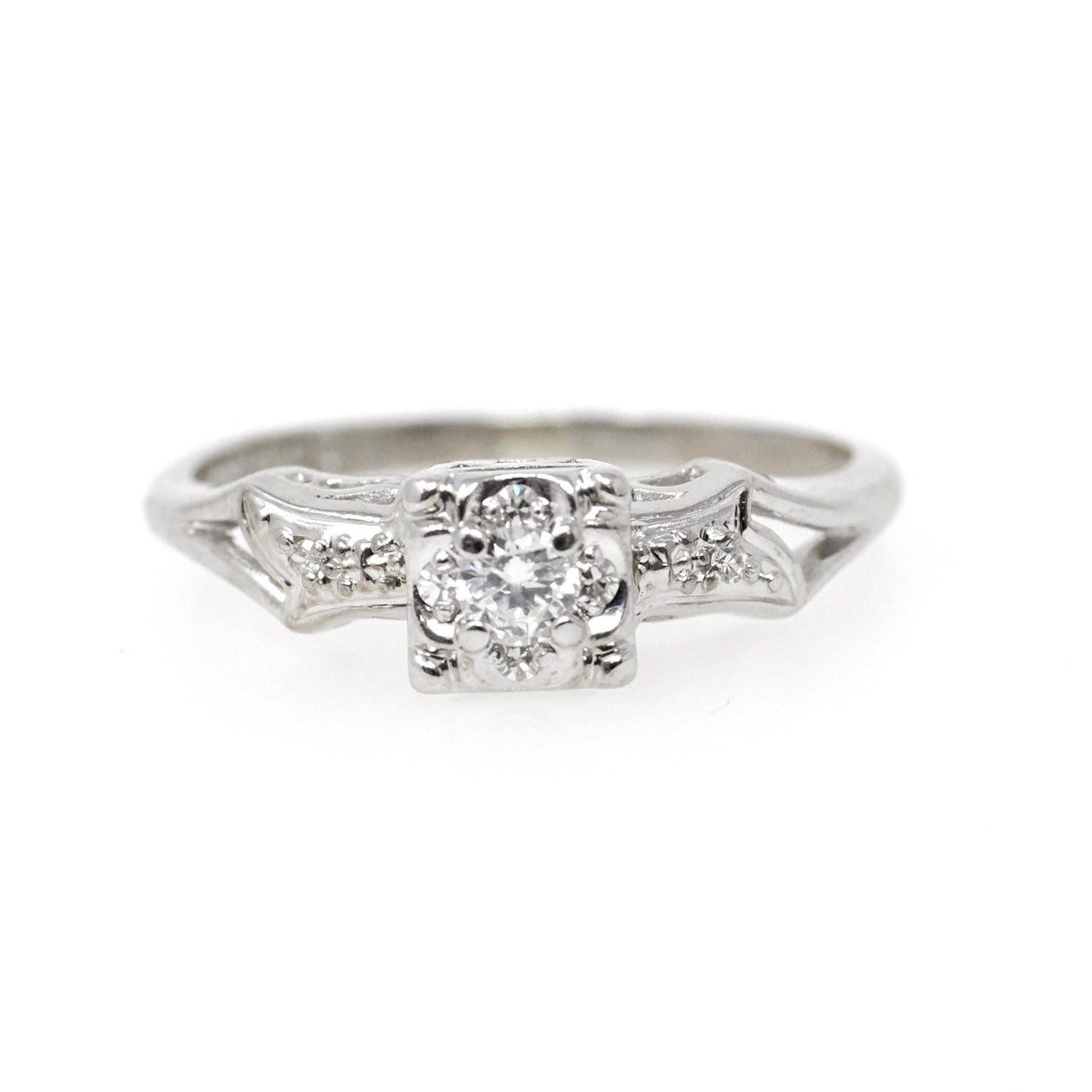 Vintage Wedding Set - Mid Century 14k White Gold Natural Diamonds Matching Engagement Ring & Band - Circa 1950s Size 7.5 Bridal Fine Jewelry