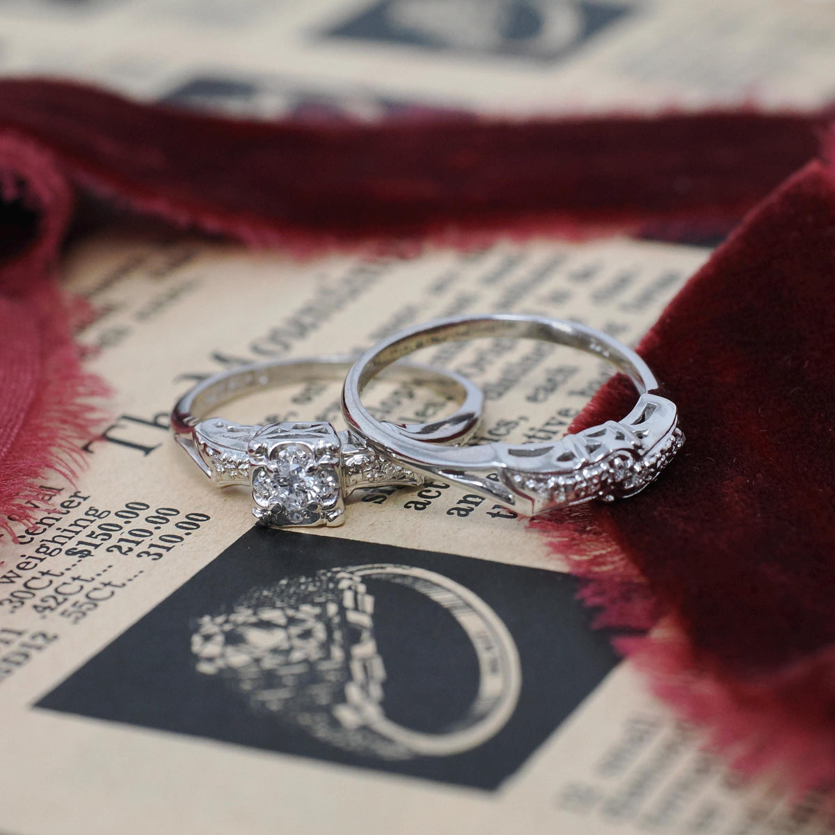Vintage Wedding Set - Mid Century 14k White Gold Natural Diamonds Matching Engagement Ring & Band - Circa 1950s Size 7.5 Bridal Fine Jewelry