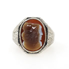 Art Deco Ring - Vintage 14k White Gold Double Cameo Brown White Natural Sardonyx - Circa 1930s Size 9 1/4 Helen & Paris Of Troy Fine Jewelry