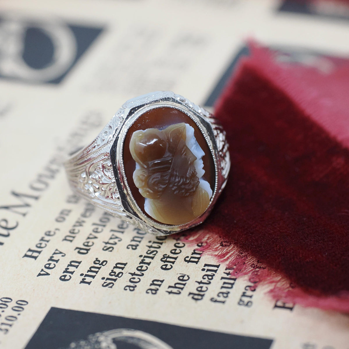 Art Deco Ring - Vintage 14k White Gold Double Cameo Brown White Natural Sardonyx - Circa 1930s Size 9 1/4 Helen & Paris Of Troy Fine Jewelry