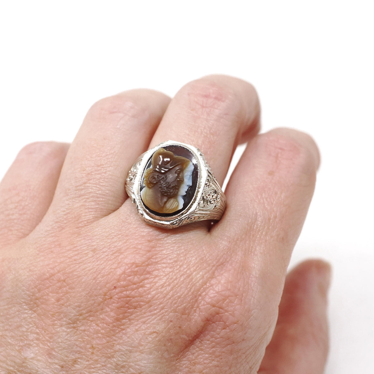 Art Deco Ring - Vintage 14k White Gold Double Cameo Brown White Natural Sardonyx - Circa 1930s Size 9 1/4 Helen & Paris Of Troy Fine Jewelry