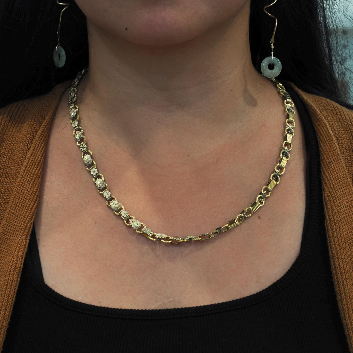 Antique Book Chain - Victorian Gold Filled Tri Tone Lariat Style Charm Holder Necklace - Circa 1890s Era Statement Fashion Accessory Jewelry
