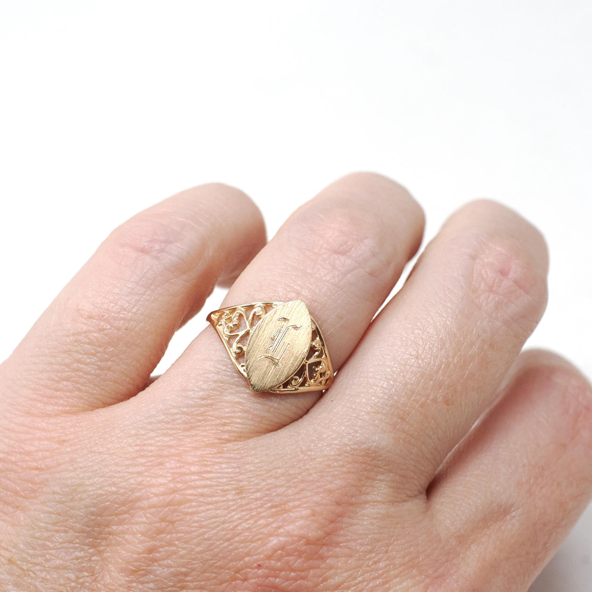 Vintage "L" Signet Ring - Contemporary 10k Yellow Gold Engraved Single Letter Initial - Estate Circa 1990s Era Size 5 Fine Statement Jewelry
