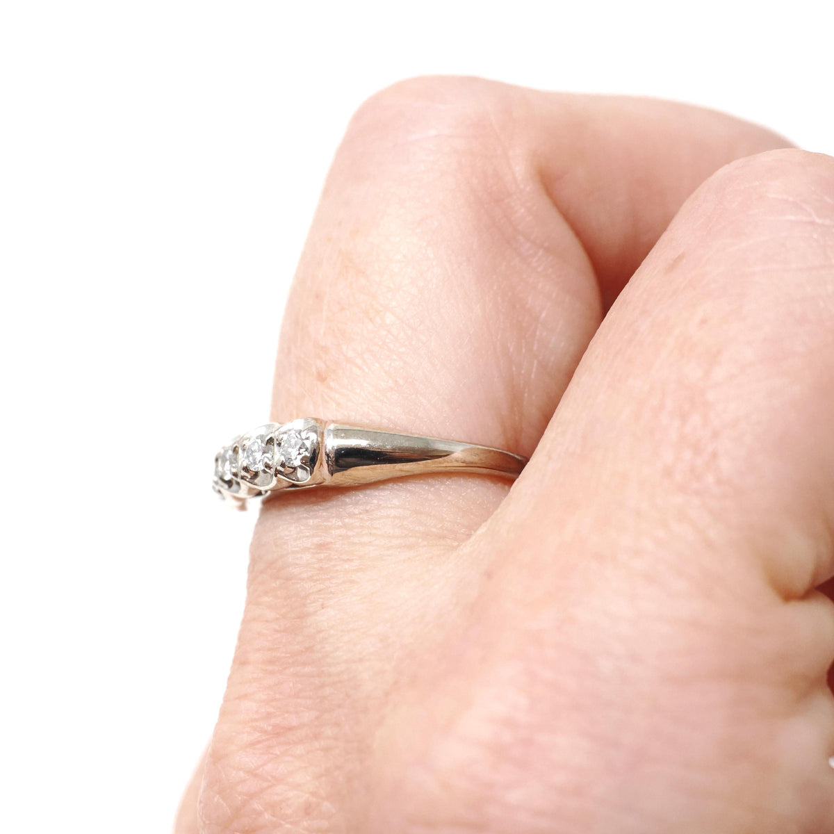 Mid Century Ring - Vintage 14k White Gold .25 CTW Diamond Row Wedding Band - Circa 1960s Size 6 Fine Stacking Bridal Statement Fine Jewelry