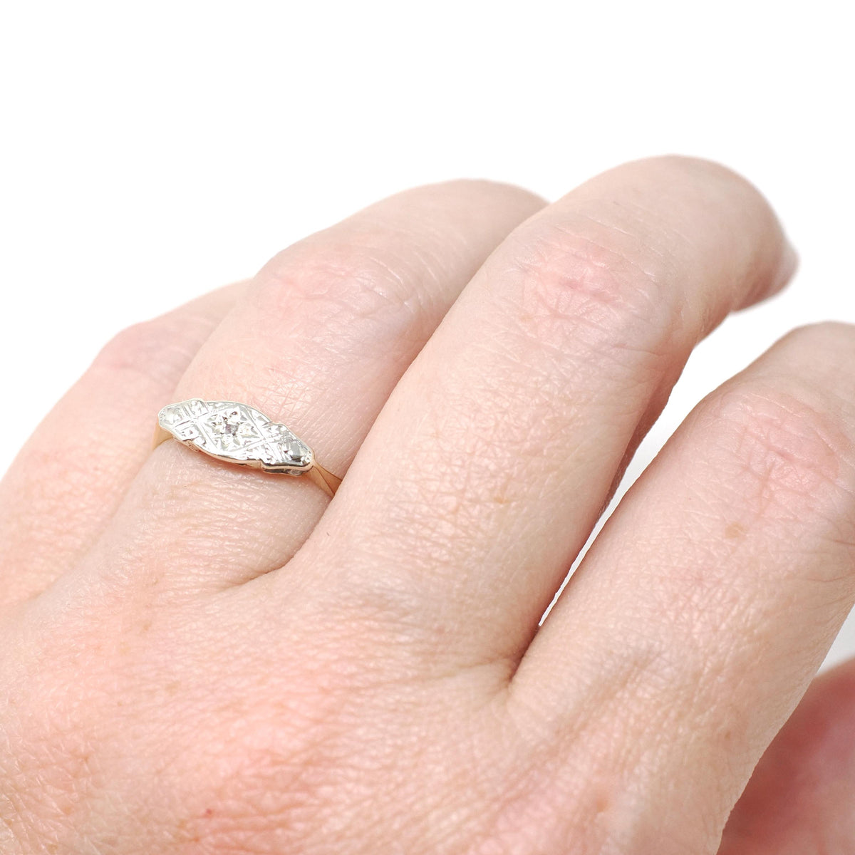 Art Deco Ring - Antique 9k Yellow Gold & Platinum Star Incised Diamond Band - Circa 1920s Era Size 5 East West Eye Fine Two Tone Jewelry