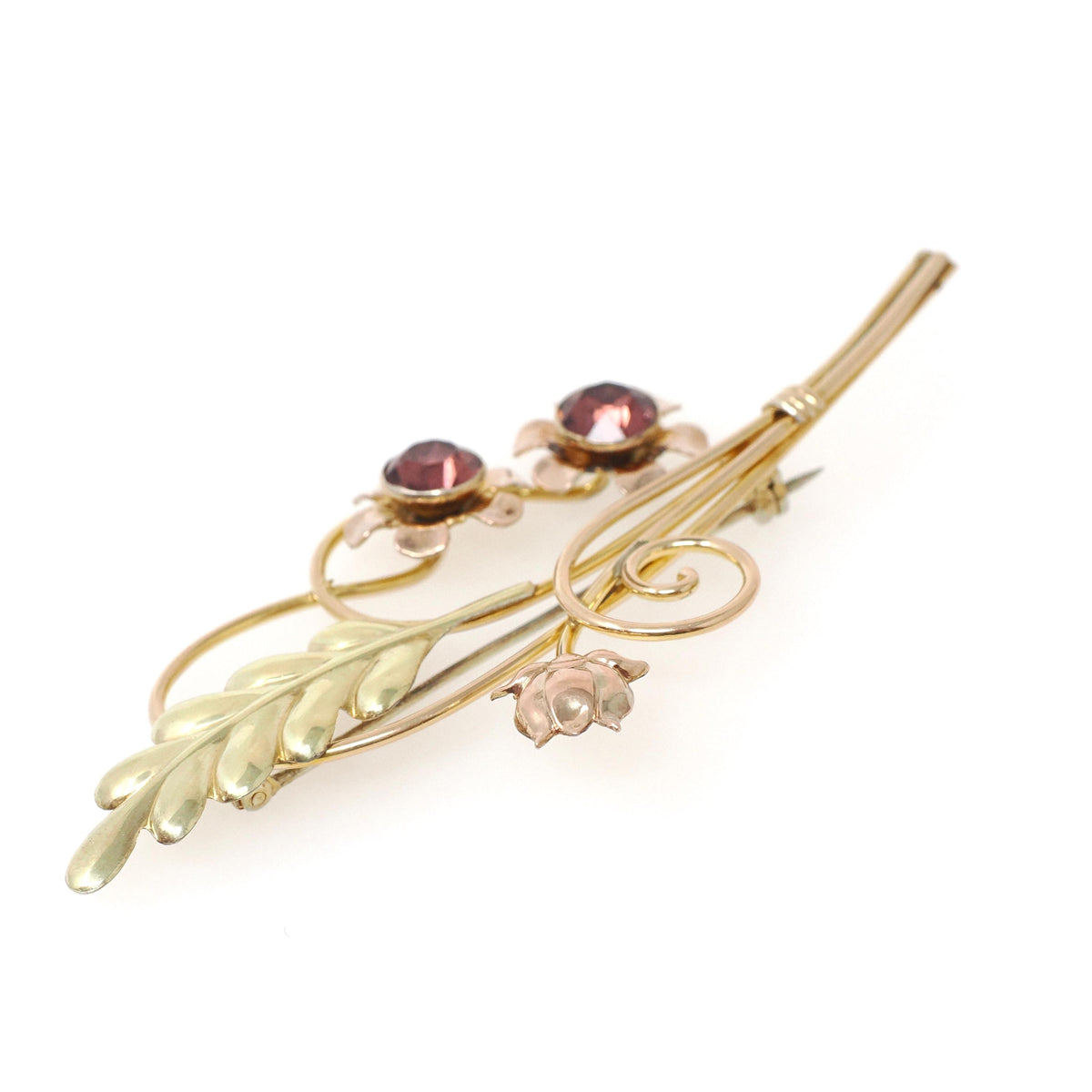 Vintage Bouquet Brooch - Retro Gold Wash Sterling Silver & Gold Filled Purple Glass Pin - Circa 1940s Floral Leaf Fashion Accessory Jewelry
