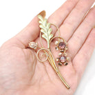 Vintage Bouquet Brooch - Retro Gold Wash Sterling Silver & Gold Filled Purple Glass Pin - Circa 1940s Floral Leaf Fashion Accessory Jewelry