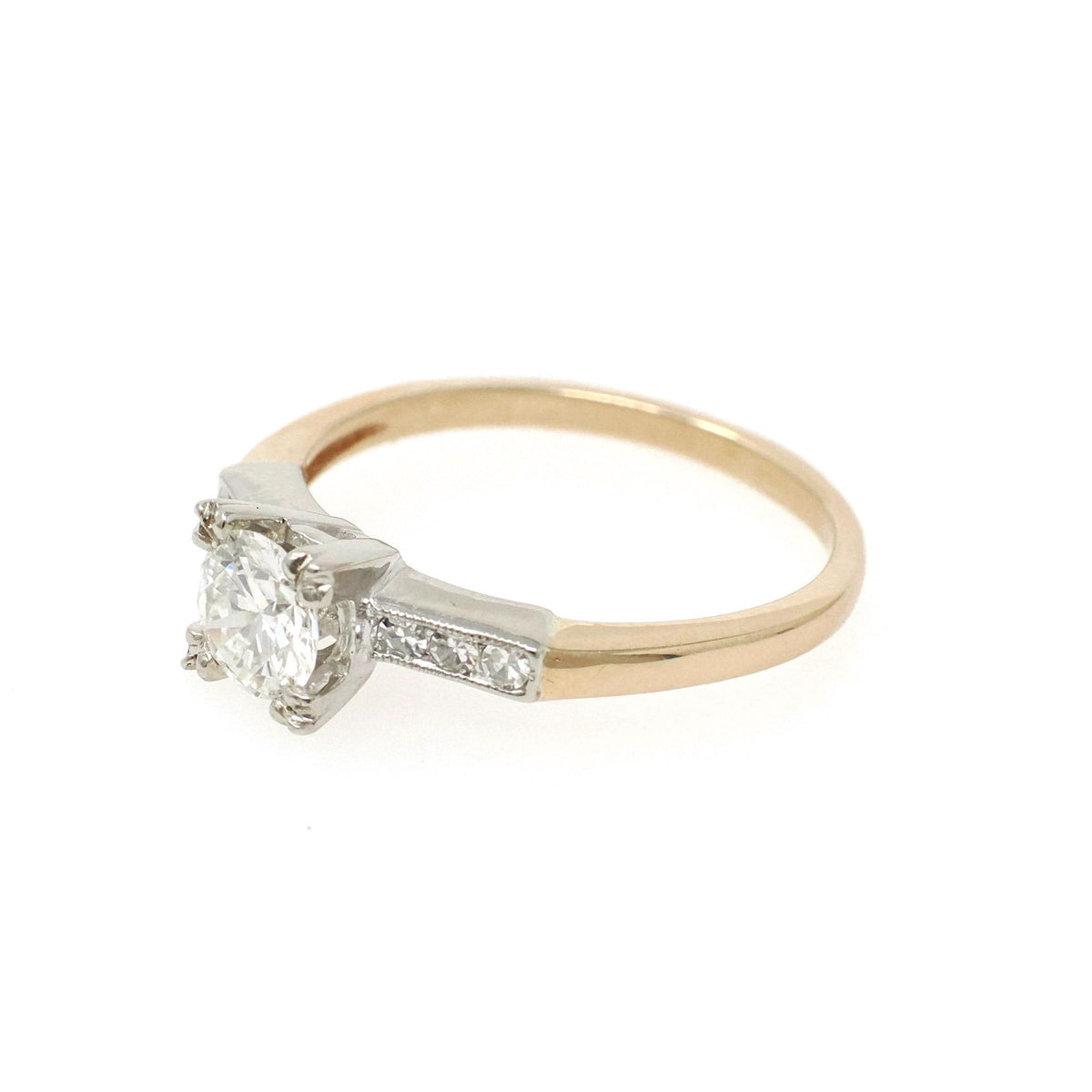 Diamond Engagement Ring - Mid Century 14k Yellow & White Gold .71 CTW Natural Two Tone Trefoil Set - Circa 1950s Era Size 7 3/4 Fine Jewelry