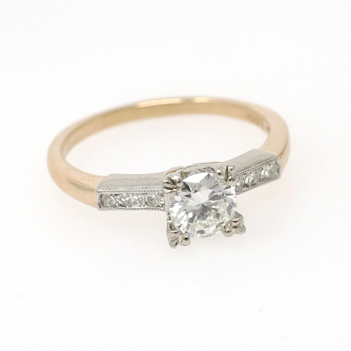 Diamond Engagement Ring - Mid Century 14k Yellow & White Gold .71 CTW Natural Two Tone Trefoil Set - Circa 1950s Era Size 7 3/4 Fine Jewelry