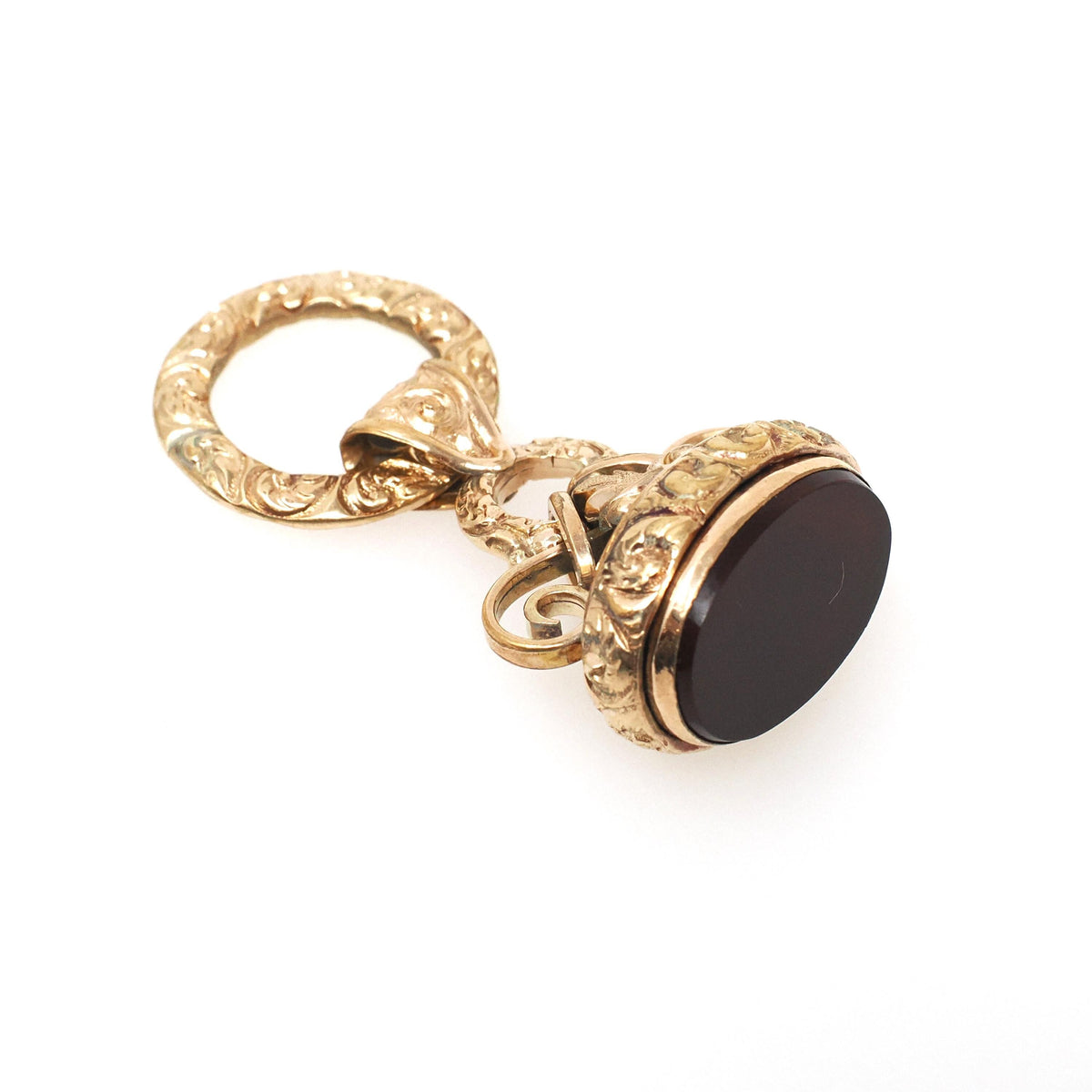 Antique Fob Pendant - Edwardian Gold Filled Natural Dark Red Sard Gemstone Pendant - Circa 1910s Era Engraved Versatile Fashion Accessory