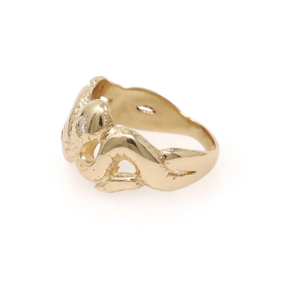 Vintage Snake Ring - Circa 1980s 14k Yellow Gold Figural Dual Serpent Bypass - Bold Gold Size 8 3/4 Diamond .06 CTW Accents Fine Jewelry