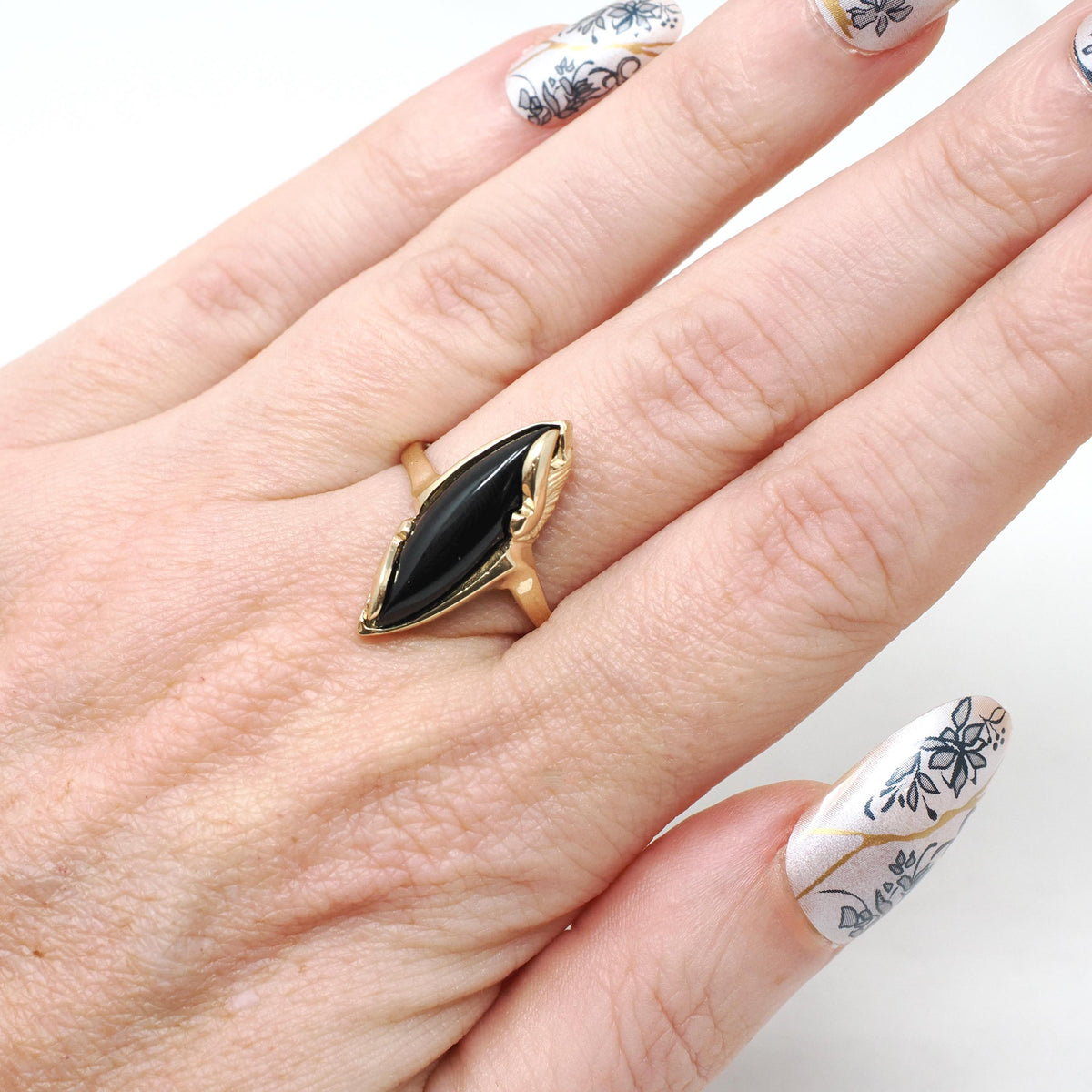 Vintage Onyx Ring - Modernist 14k Yellow Gold Marquise Cabochon Cut Black Chalcedony Gem - Circa 1960s Era Size 7 1/4 Fine Statement Jewelry