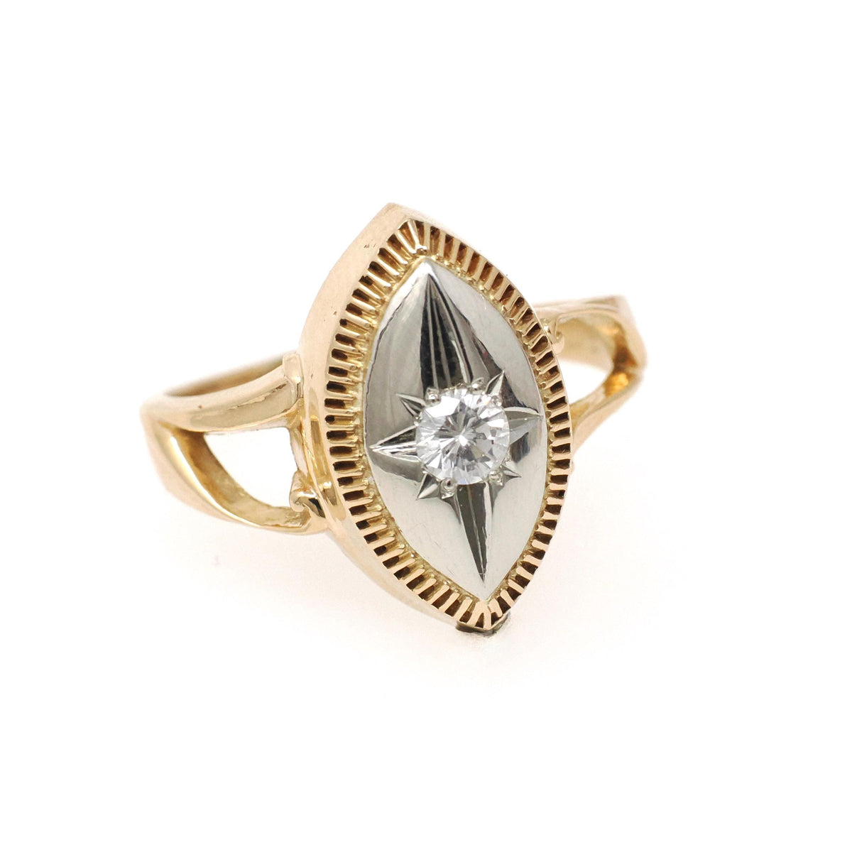 Star Diamond Ring - Retro 10k Yellow & White Gold Natural .12 CTW Navette Signet - Circa 1940s Size 8 3/4 Celestial Fine Engagement Jewelry
