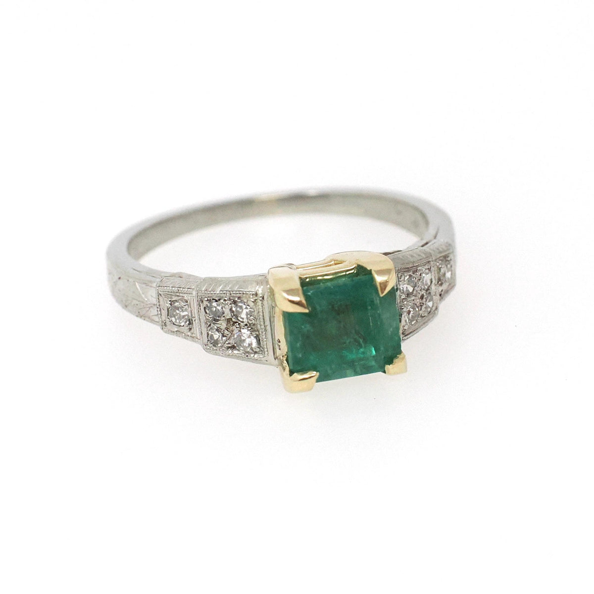 Emerald Engagement Ring - Art Deco 14k Yellow Gold & Platinum Natural Green Gemstone Diamond Accents - Circa Size 6.75 Fine Two Tone Jewelry