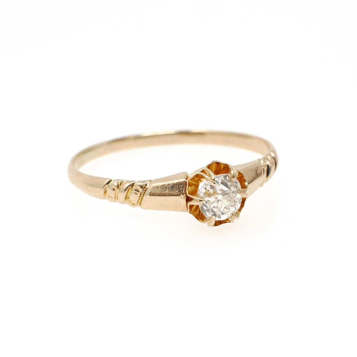 Edwardian Diamond Ring - Antique 14k Yellow Gold Natural .25 CT Old European Solitaire - Circa 1900s Era Size 7 3/4 Fine Engagement Jewelry