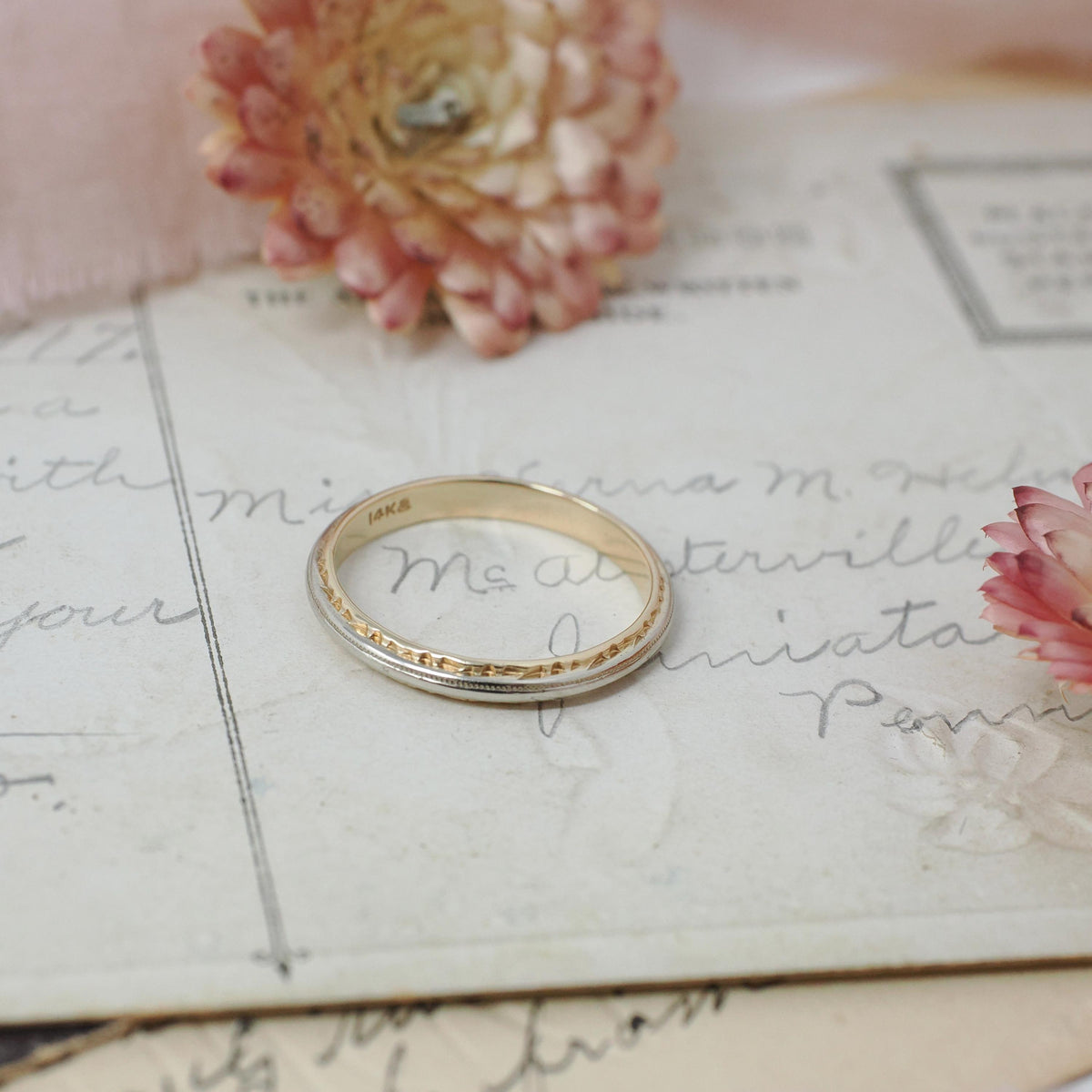 Two Tone Wedding Ring - Retro 14k Yellow & White Gold Domed 2.6MM Bridal Band - Vintage Circa 1940s Era Size 7 Textured Design Fine Jewelry