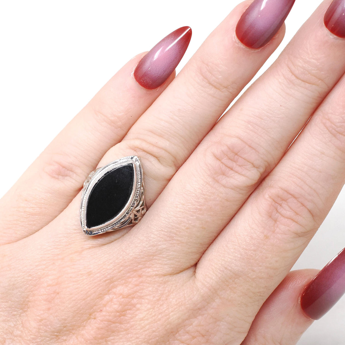 Onyx Navette Ring - Art Deco 14k White Gold Natural Black Chalcedony Flat Top Marquise Gemstone - Circa 1930s Era Size 5 Fine Jewelry