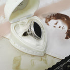 Onyx Navette Ring - Art Deco 14k White Gold Natural Black Chalcedony Flat Top Marquise Gemstone - Circa 1930s Era Size 5 Fine Jewelry