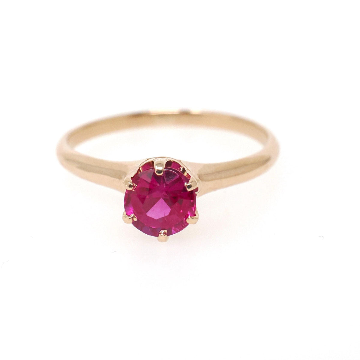 Ruby Solitaire Ring - Retro 10k Yellow Gold Round Faceted .92 CT Red Stone - Circa 1940s Size 7 July Birthstone OB Solitaire Fine Jewelry