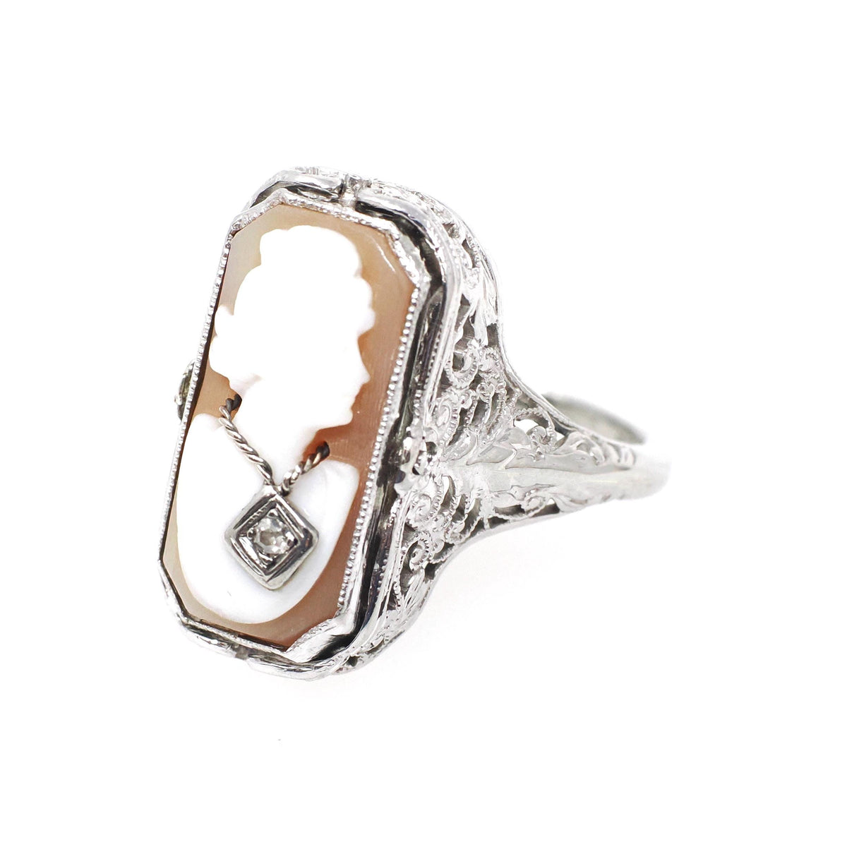 Vintage Flip Ring - Art Deco 14k White Gold Two Sided Shell Cameo Black Onyx Natural Diamond - Circa 1930s Size 6 1/2 Filigree Fine Jewelry