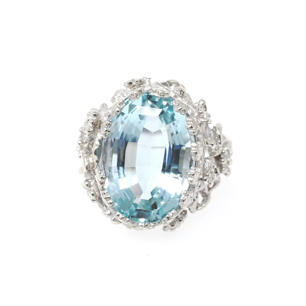 Aquamarine Flower Ring - Contemporary 14k White Gold Natural Oval 6.30 CT Solitaire - Circa 2000's Size 4 1/2 March Birthstone Fine Jewelry